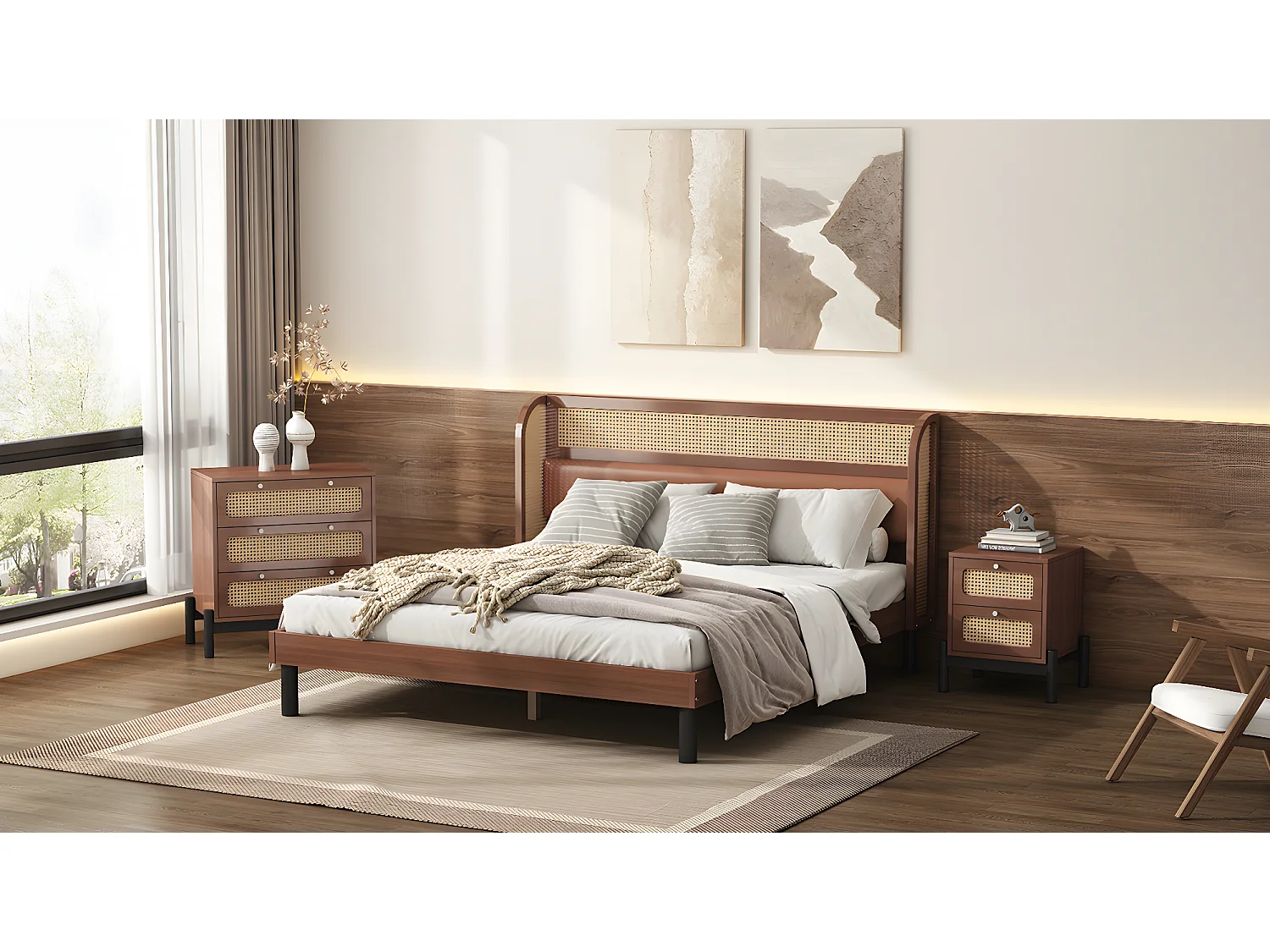 Conjunto de cama adulto 160 x 200 cm com mesa de cabeceira + cômoda - pinho e couro PU - padrão rattan - cor nogueira