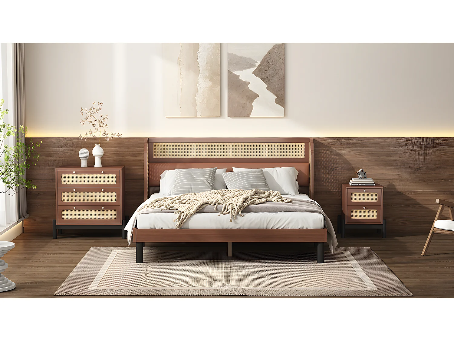 Conjunto de cama adulto 160 x 200 cm com mesa de cabeceira + cômoda - pinho e couro PU - padrão rattan - cor nogueira