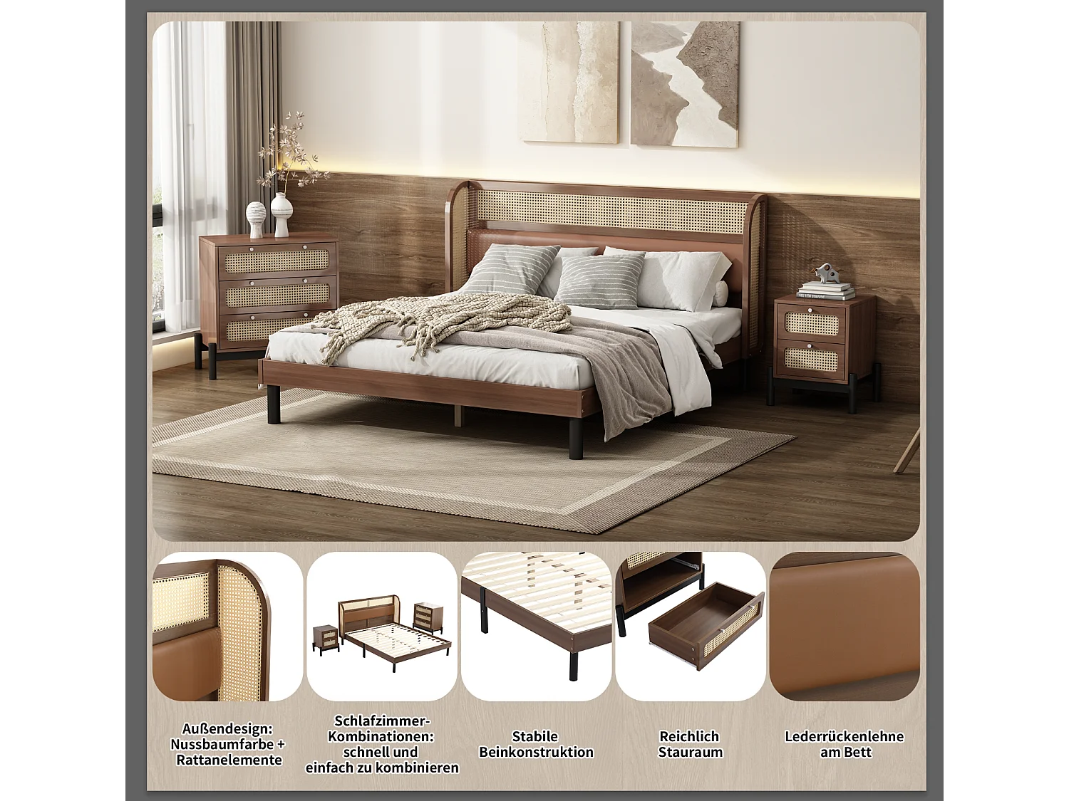 Conjunto de cama adulto 160 x 200 cm com mesa de cabeceira + cômoda - pinho e couro PU - padrão rattan - cor nogueira