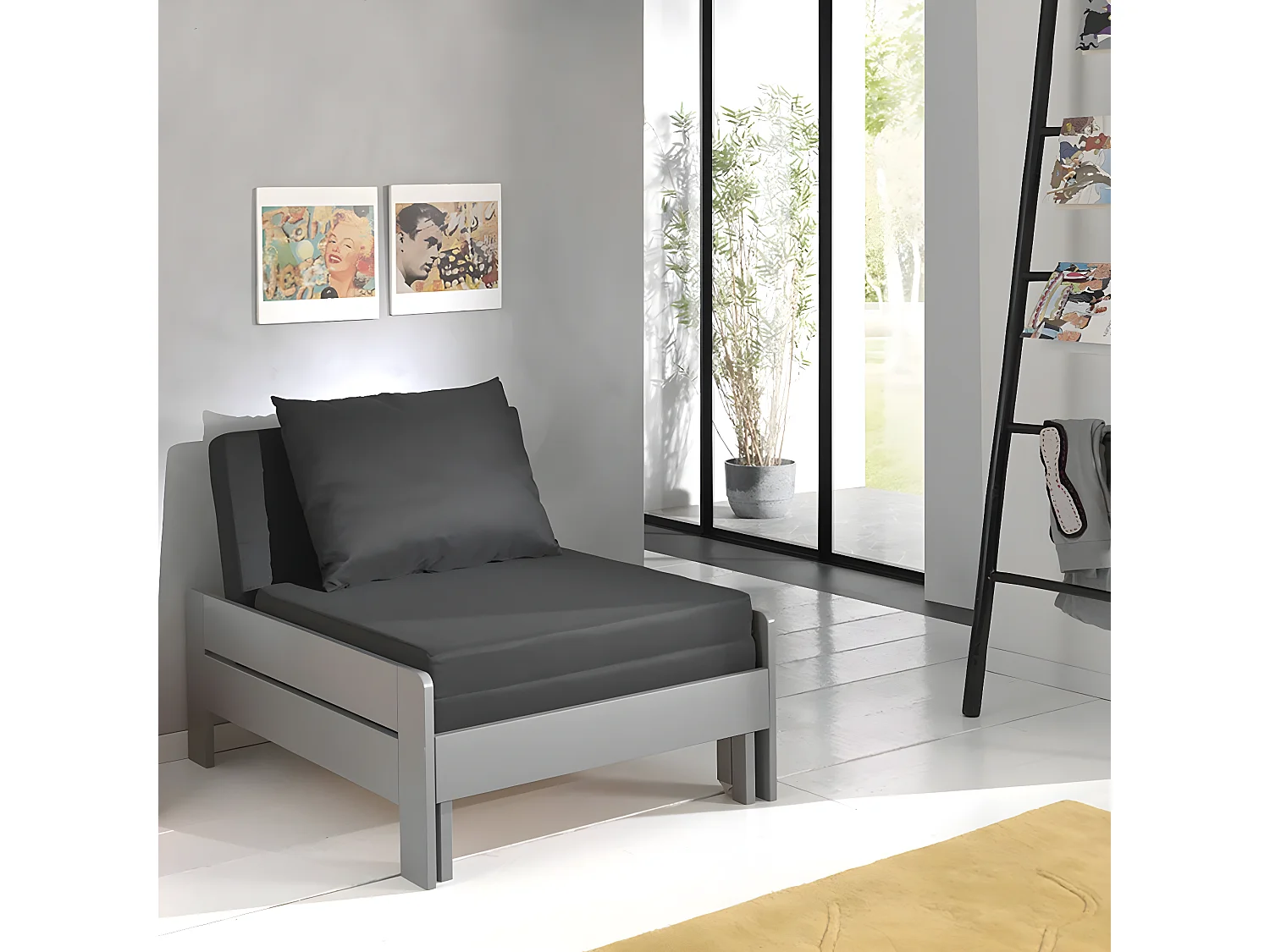 SLEEPY - Fauteuil Convertible d'appoint en Pin Laqué Gris avec Coussins