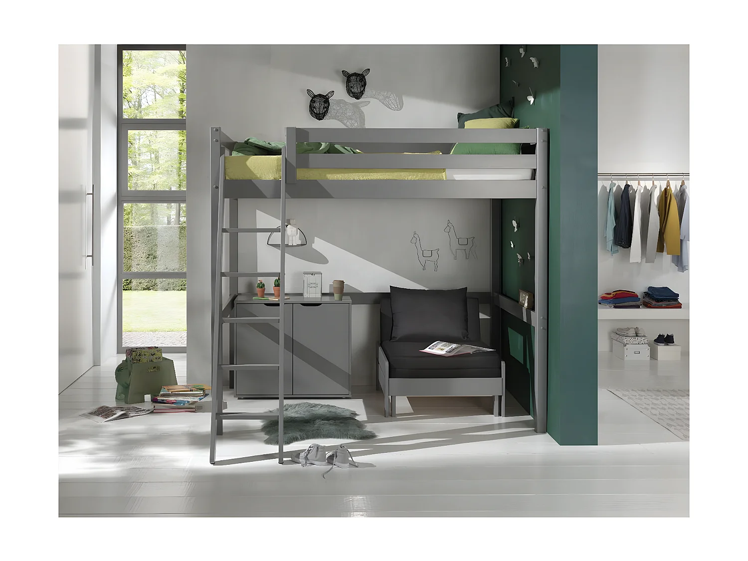 SLEEPY - Fauteuil Convertible d'appoint en Pin Laqué Gris avec Coussins