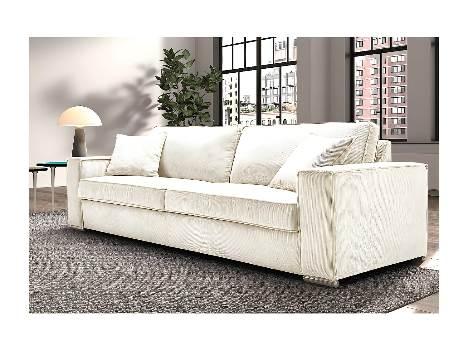 SORIAN - Canapé fixe 4 Places Velours Côtelé avec 2 Coussins Blanc