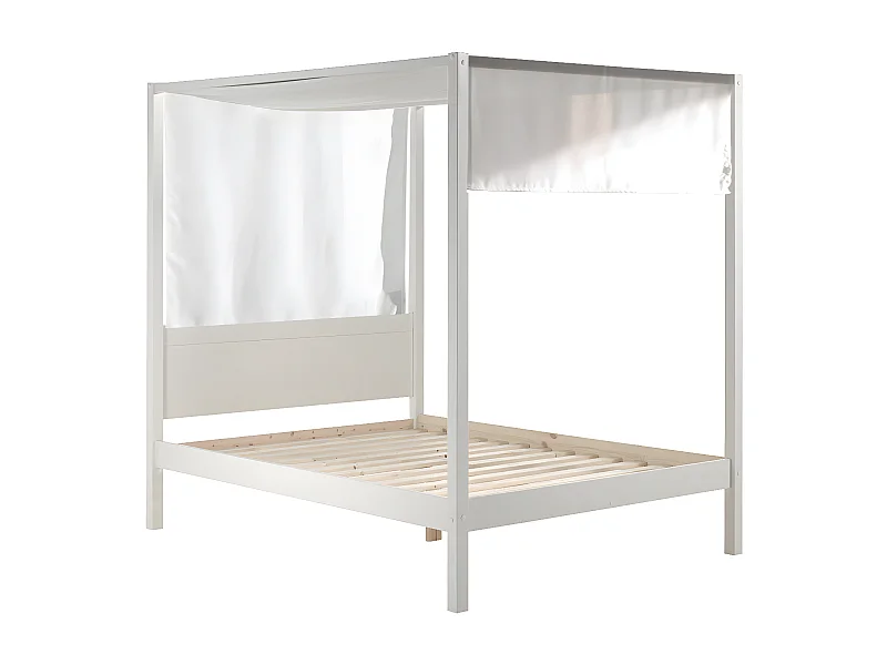 ALCOVE - Lit Baldaquin en Pin Laqué Blanc 140x200cm avec Voilage Blanc