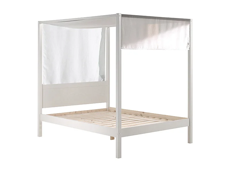 ALCOVE - Lit Baldaquin en Pin Laqué Blanc 140x200cm avec Voilage Blanc