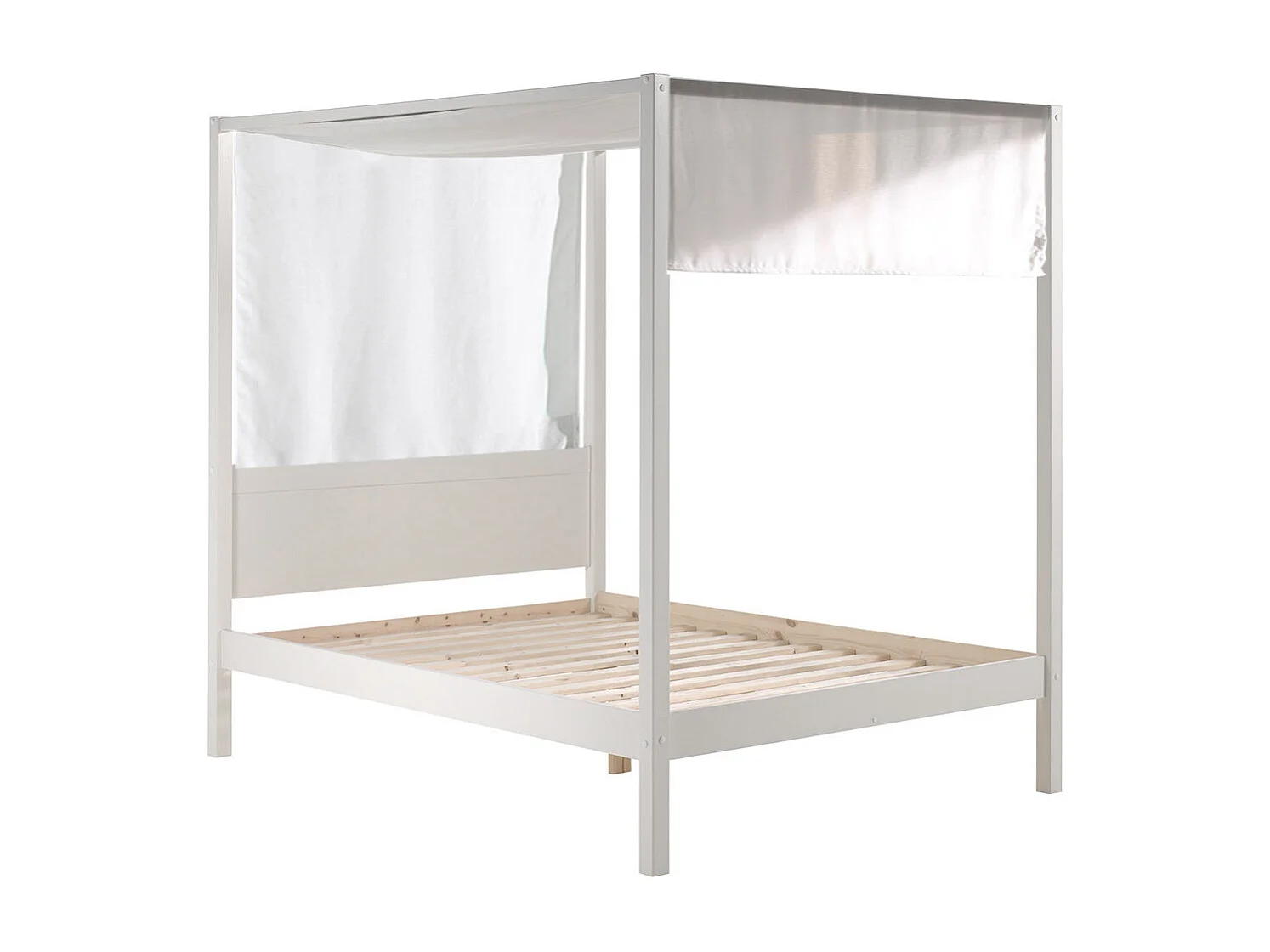 ALCOVE - Lit Baldaquin en Pin Laqué Blanc 140x200cm avec Voilage Blanc