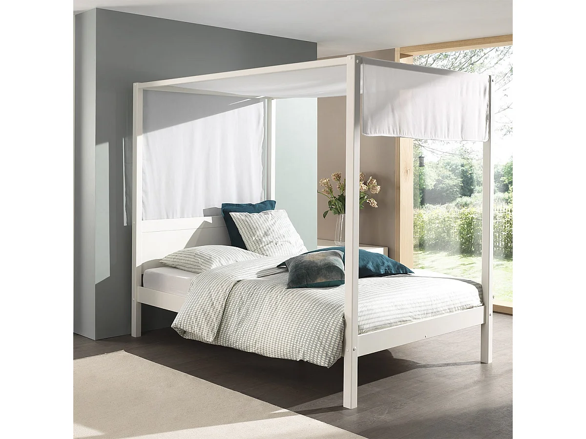 ALCOVE - Lit Baldaquin en Pin Laqué Blanc 140x200cm avec Voilage Blanc