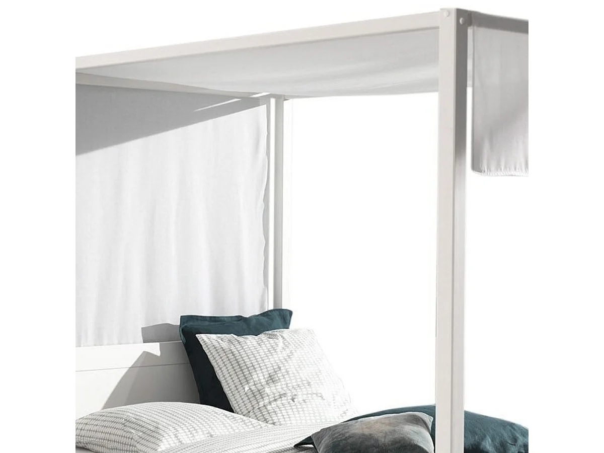 ALCOVE - Lit Baldaquin en Pin Laqué Blanc 140x200cm avec Voilage Blanc