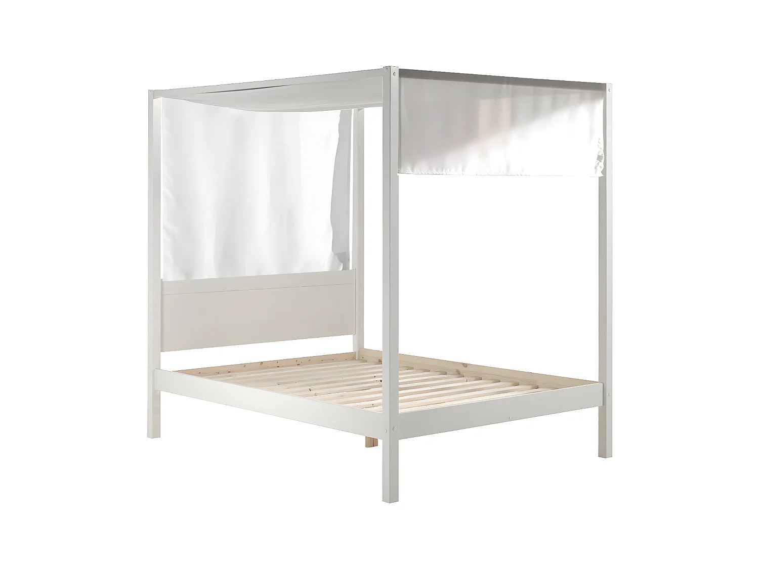 ALCOVE - Lit Baldaquin en Pin Laqué Blanc 140x200cm avec Voilage Blanc