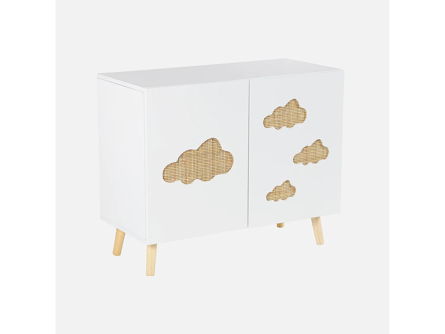 Commode enfant. blanc. 2 portes avec nuages en cannage. 2 étagères