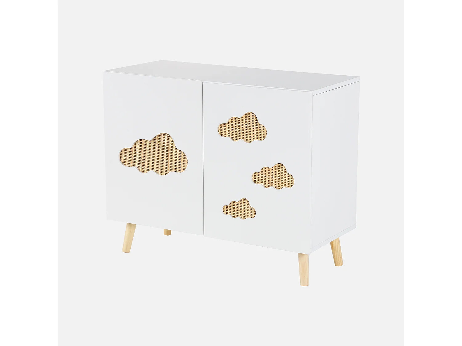 Commode enfant. blanc. 2 portes avec nuages en cannage. 2 étagères