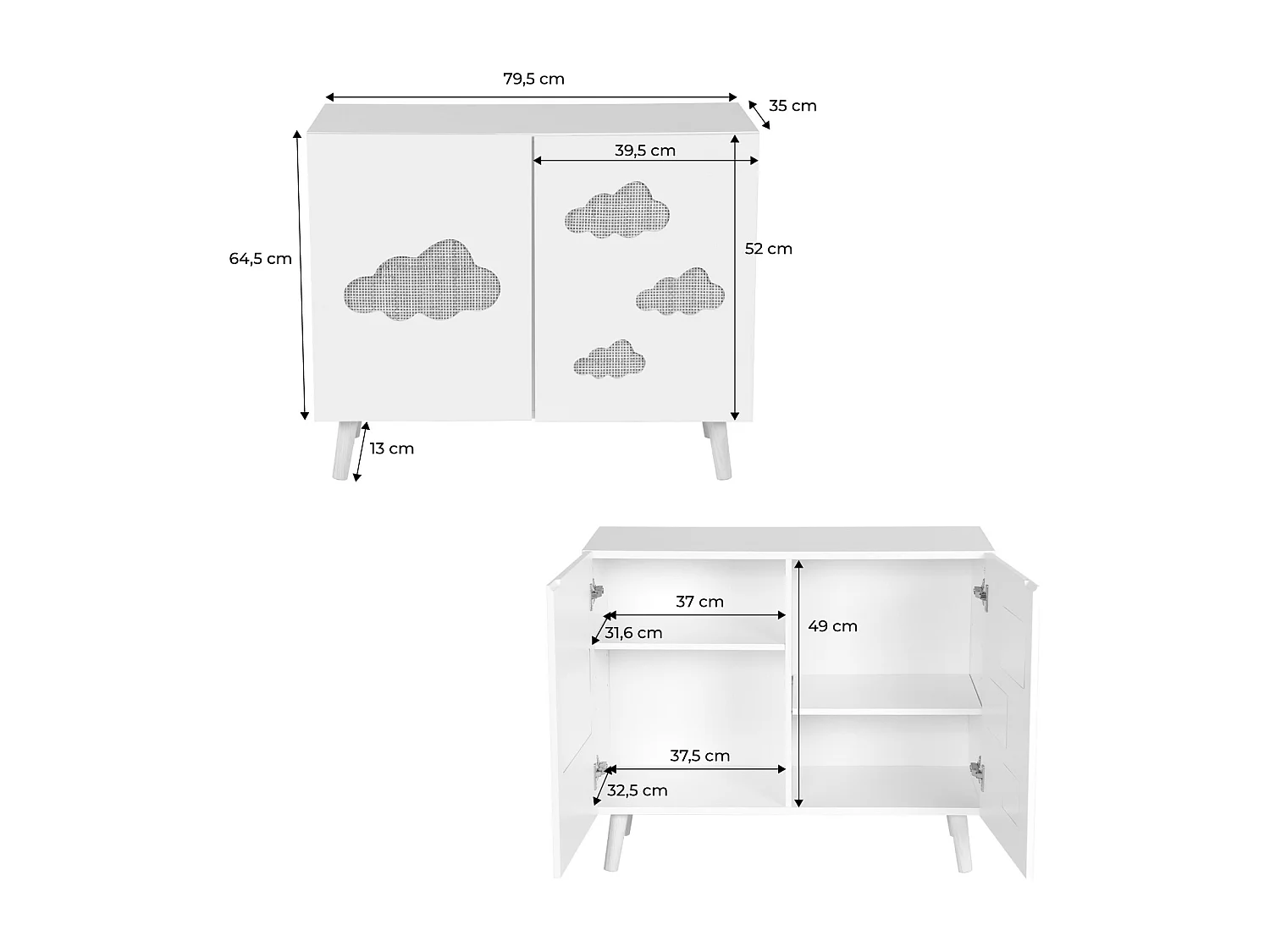 Commode enfant. blanc. 2 portes avec nuages en cannage. 2 étagères
