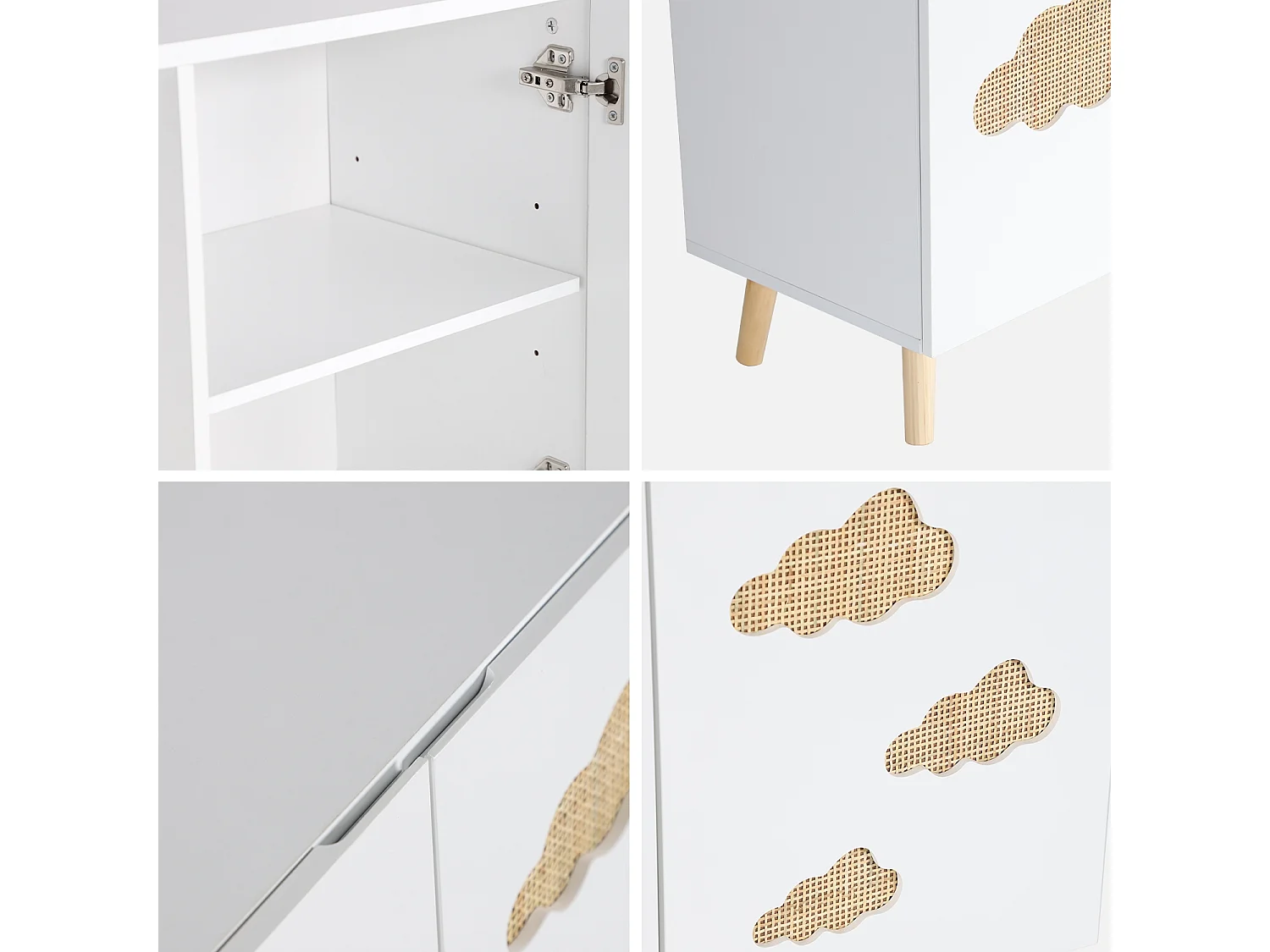 Commode enfant. blanc. 2 portes avec nuages en cannage. 2 étagères