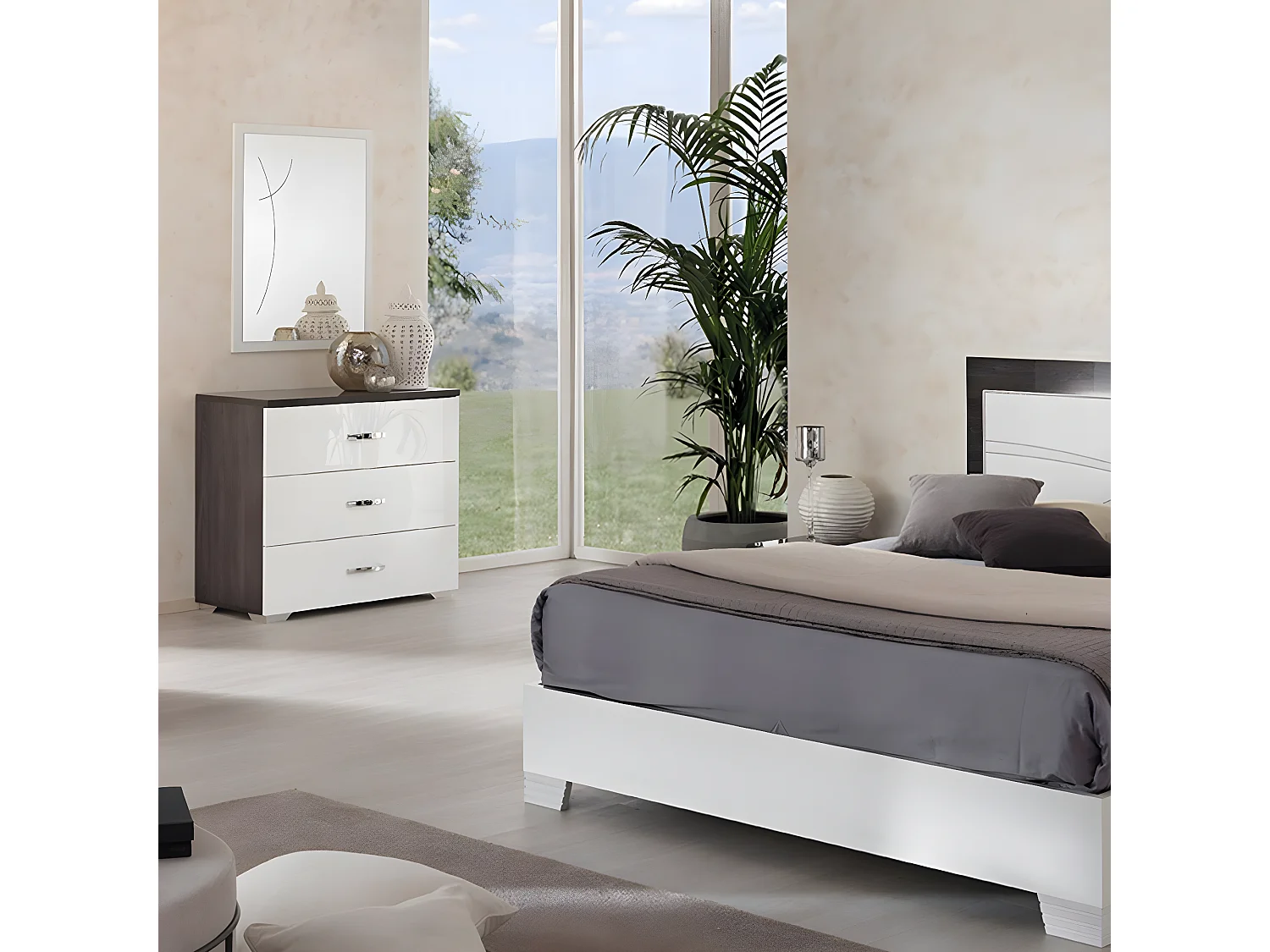 LUCIA - Miroir Rectangulaire Laqué Blanc et Chêne Anthracite