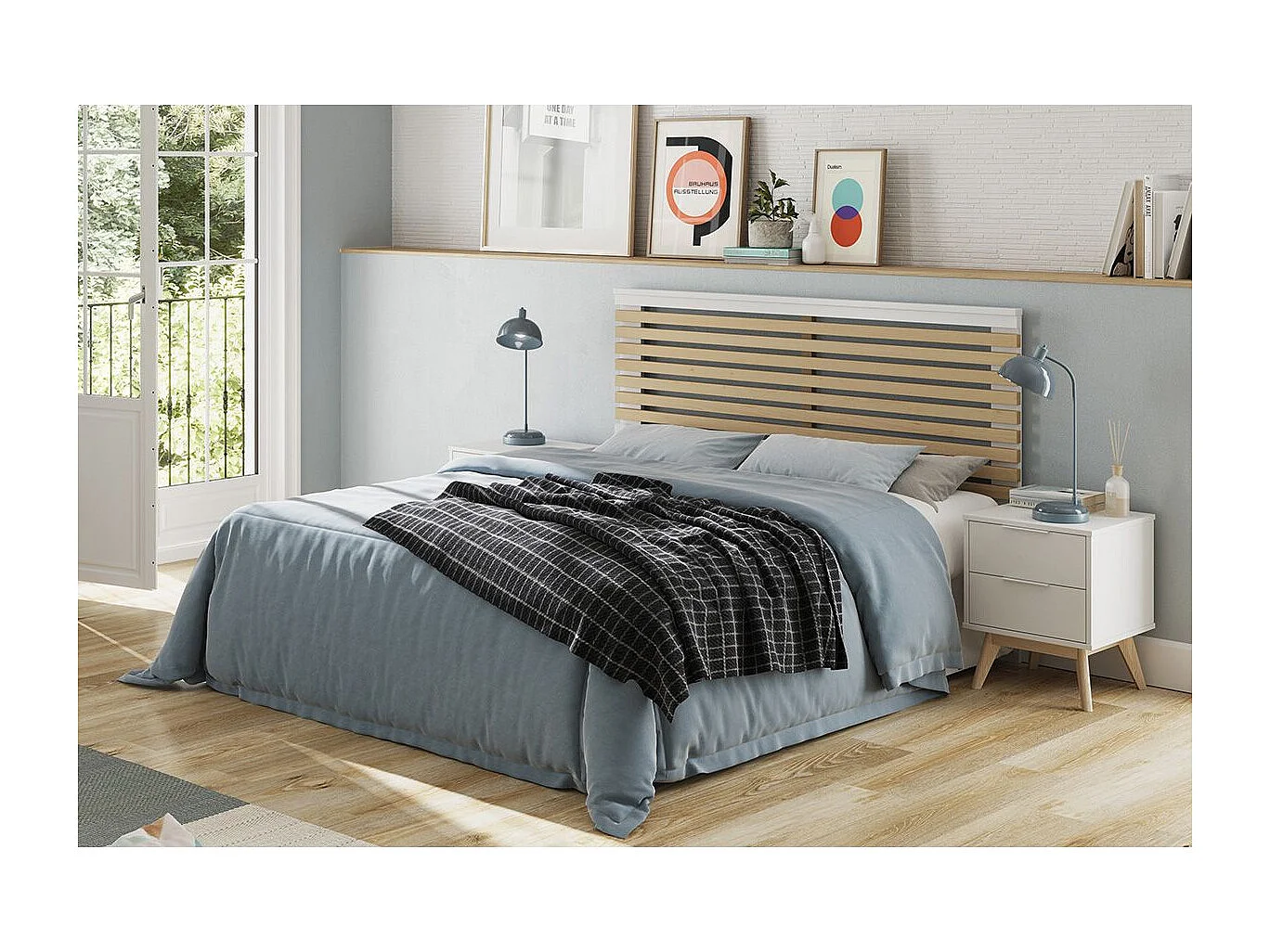 LAUPELL - Pack Lit 140x190cm + 2 Chevets 2 Tiroirs Pin Naturel et Blanc Scandinave