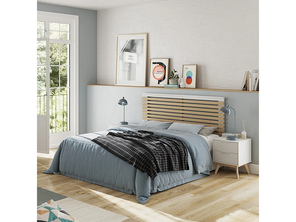 LAUPELL - Pack Lit 140x190cm + 2 Chevets 2 Tiroirs Pin Naturel et Blanc Scandinave