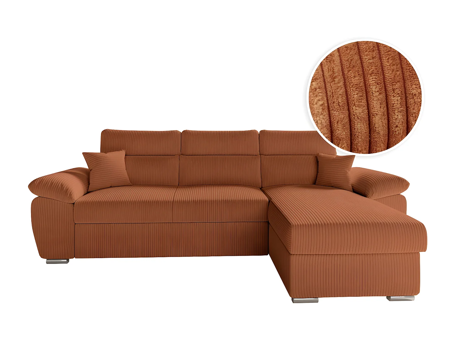 Canapé d'angle 4 places Komeco reversible convertible avec coffre en velours côtelé - Terracotta - L265 x P166 x H91cm - Loungitude