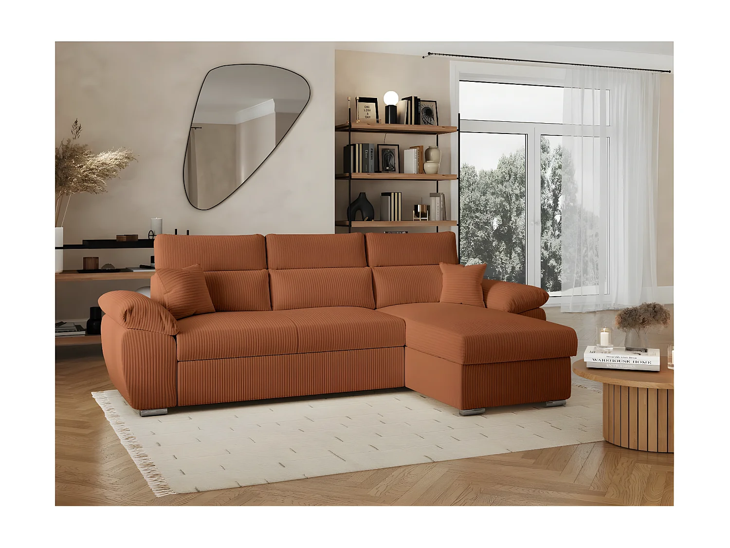 Canapé d'angle 4 places Komeco reversible convertible avec coffre en velours côtelé - Terracotta - L265 x P166 x H91cm - Loungitude