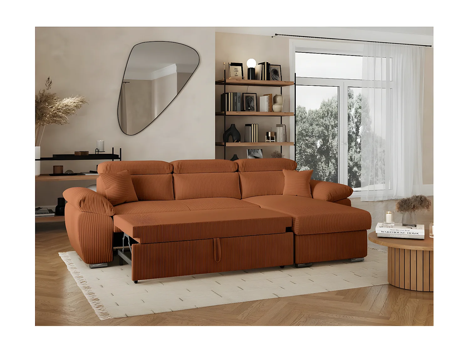 Canapé d'angle 4 places Komeco reversible convertible avec coffre en velours côtelé - Terracotta - L265 x P166 x H91cm - Loungitude