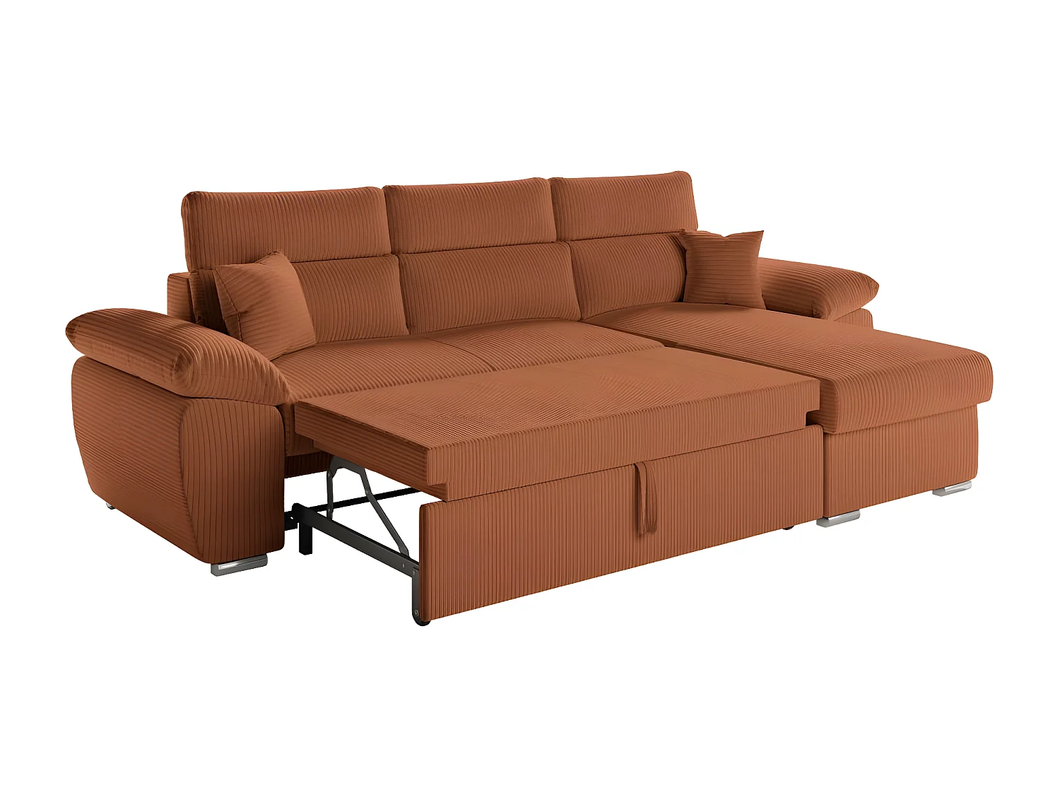 Canapé d'angle 4 places Komeco reversible convertible avec coffre en velours côtelé - Terracotta - L265 x P166 x H91cm - Loungitude