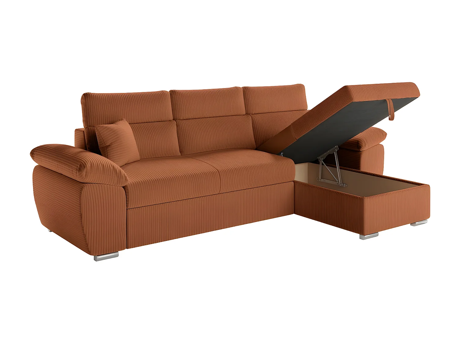 Canapé d'angle 4 places Komeco reversible convertible avec coffre en velours côtelé - Terracotta - L265 x P166 x H91cm - Loungitude