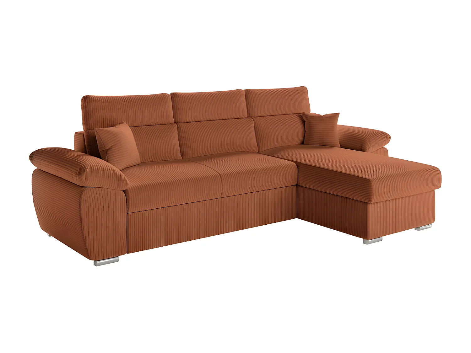 Canapé d'angle 4 places Komeco reversible convertible avec coffre en velours côtelé - Terracotta - L265 x P166 x H91cm - Loungitude