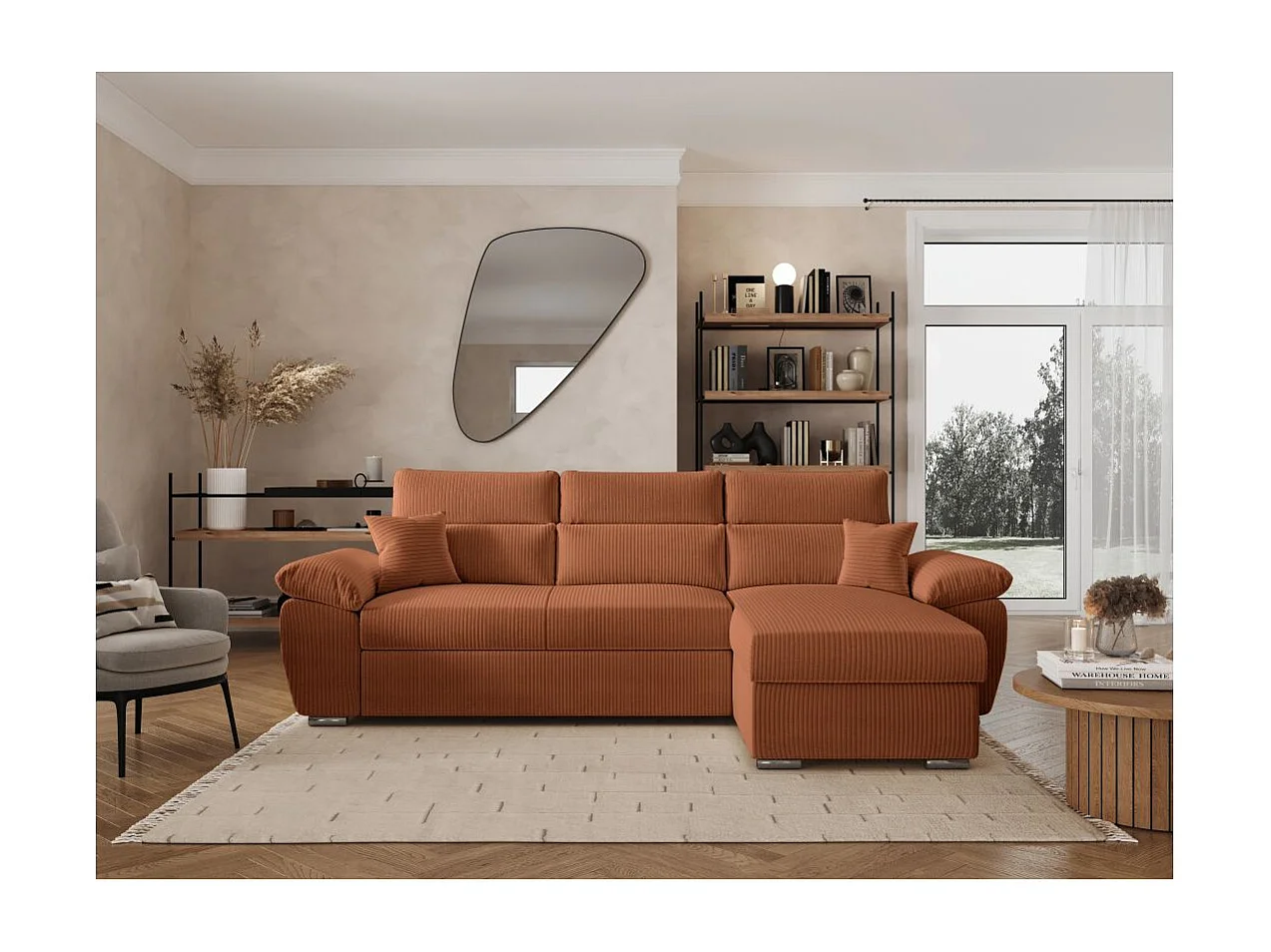 Canapé d'angle 4 places Komeco reversible convertible avec coffre en velours côtelé - Terracotta - L265 x P166 x H91cm - Loungitude