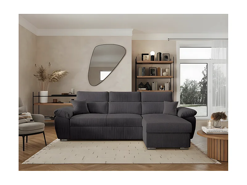 Canapé d'angle 4 places Komeco reversible convertible avec coffre en velours côtelé - Gris - L265 x P166 x H91cm - Loungitude