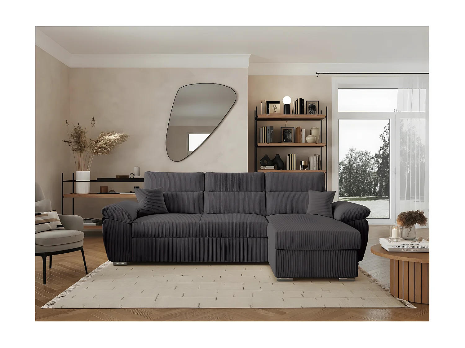 Canapé d'angle 4 places Komeco reversible convertible avec coffre en velours côtelé - Gris - L265 x P166 x H91cm - Loungitude