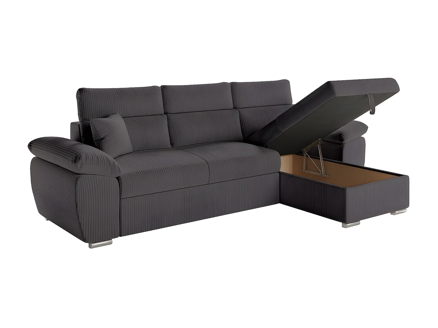 Canapé d'angle 4 places Komeco reversible convertible avec coffre en velours côtelé - Gris - L265 x P166 x H91cm - Loungitude