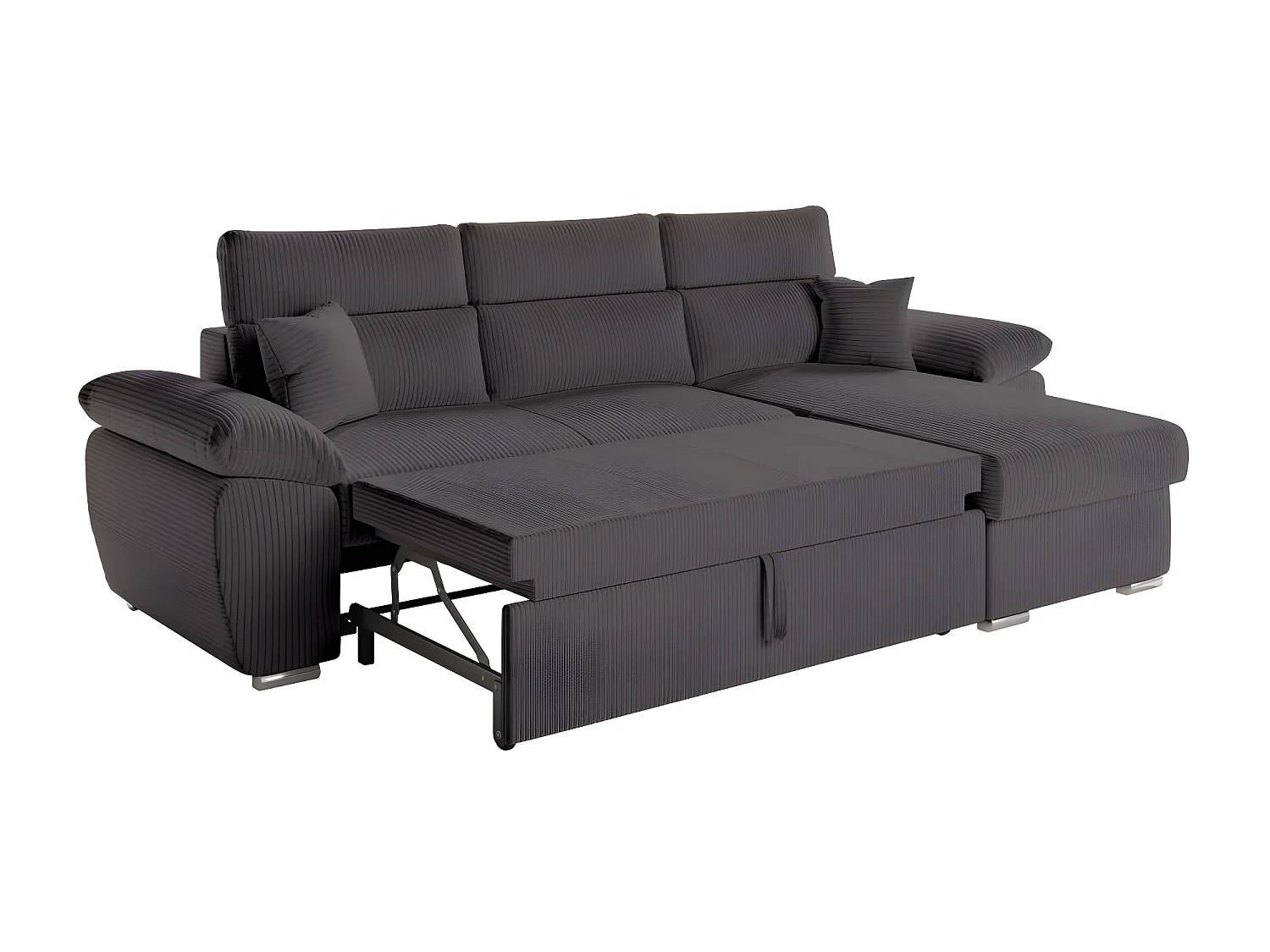 Canapé d'angle 4 places Komeco reversible convertible avec coffre en velours côtelé - Gris - L265 x P166 x H91cm - Loungitude