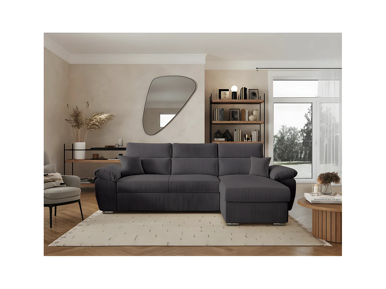 Canapé d'angle 4 places Komeco reversible convertible avec coffre en velours côtelé - Gris - L265 x P166 x H91cm - Loungitude