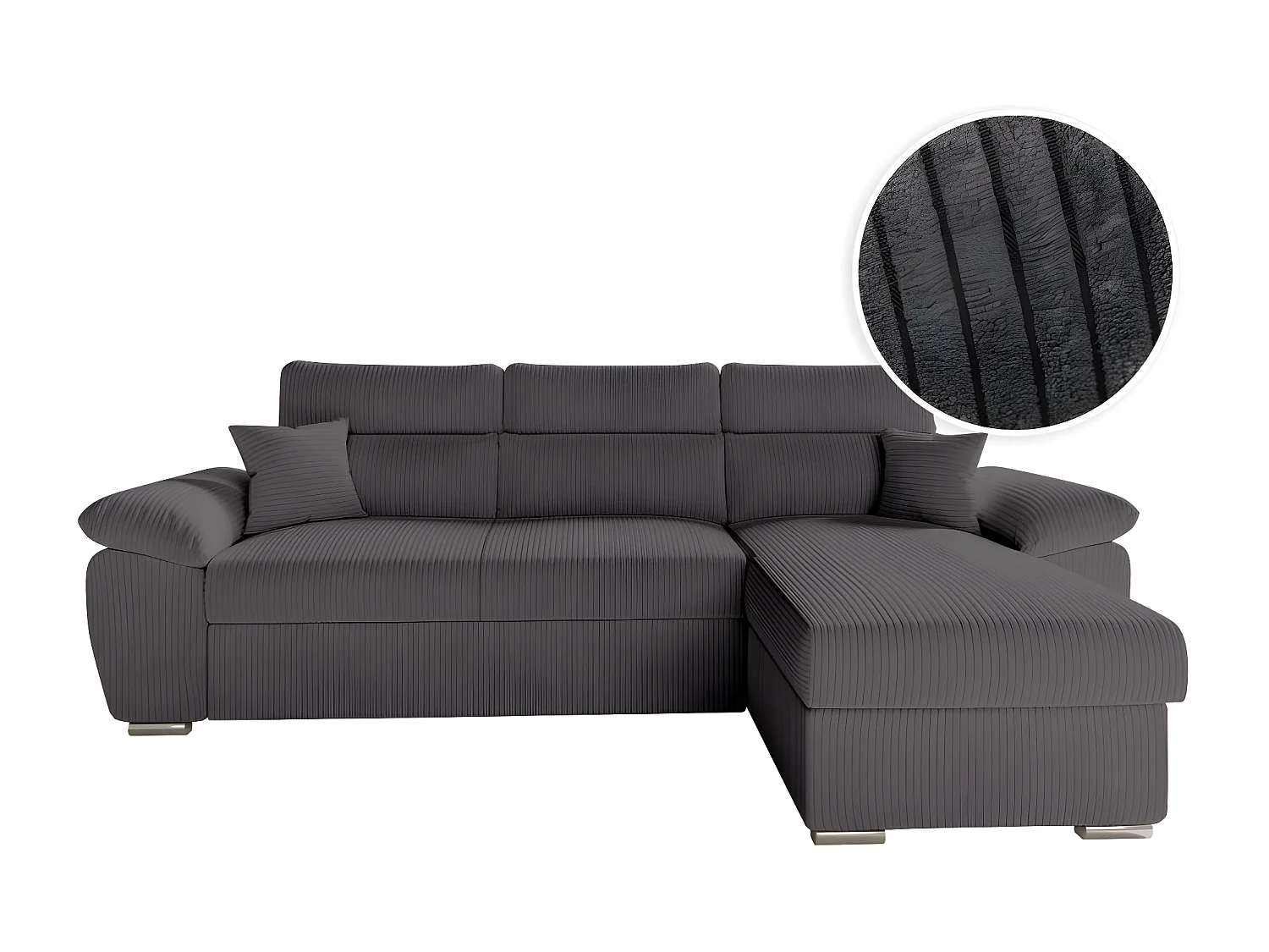 Canapé d'angle 4 places Komeco reversible convertible avec coffre en velours côtelé - Gris - L265 x P166 x H91cm - Loungitude