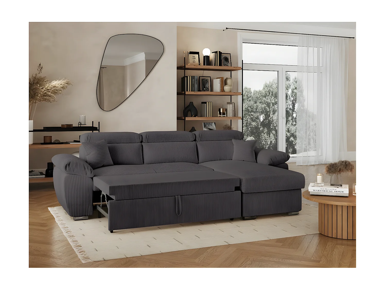 Canapé d'angle 4 places Komeco reversible convertible avec coffre en velours côtelé - Gris - L265 x P166 x H91cm - Loungitude