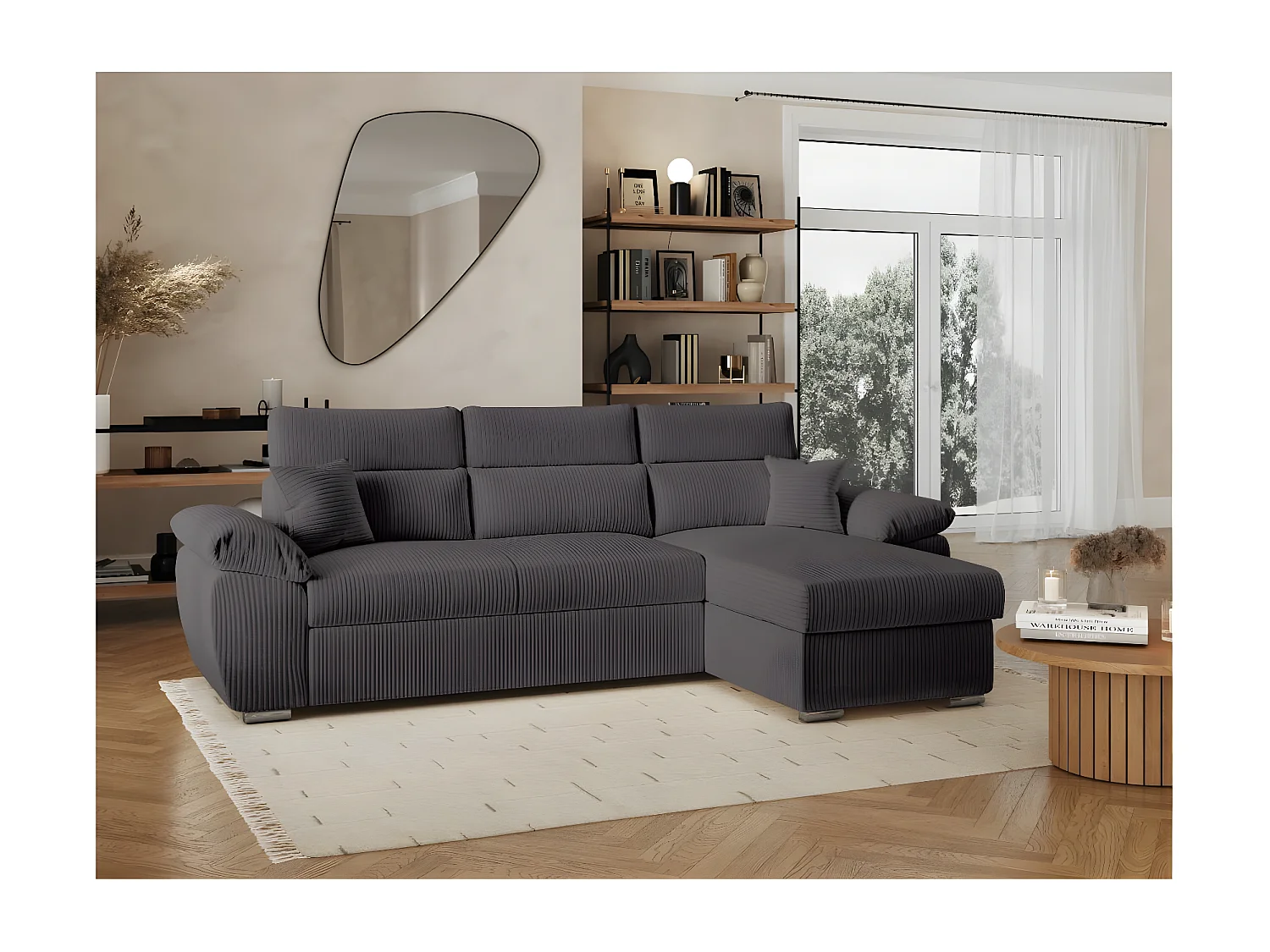 Canapé d'angle 4 places Komeco reversible convertible avec coffre en velours côtelé - Gris - L265 x P166 x H91cm - Loungitude
