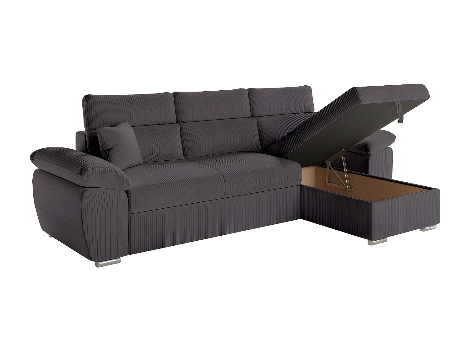 Canapé d'angle 4 places Komeco reversible convertible avec coffre en velours côtelé - Gris - L265 x P166 x H91cm - Loungitude