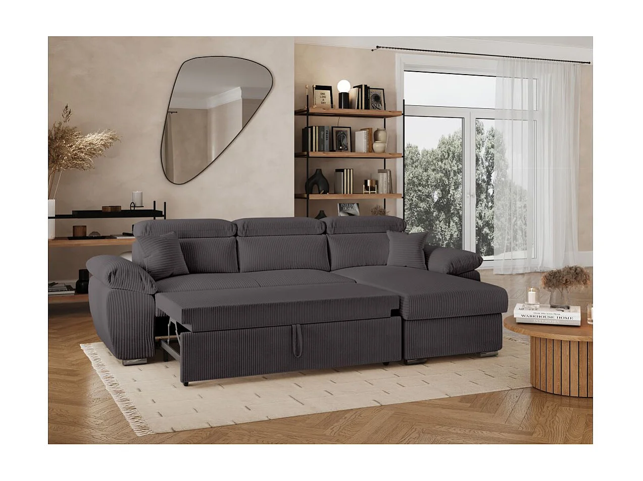 Canapé d'angle 4 places Komeco reversible convertible avec coffre en velours côtelé - Gris - L265 x P166 x H91cm - Loungitude
