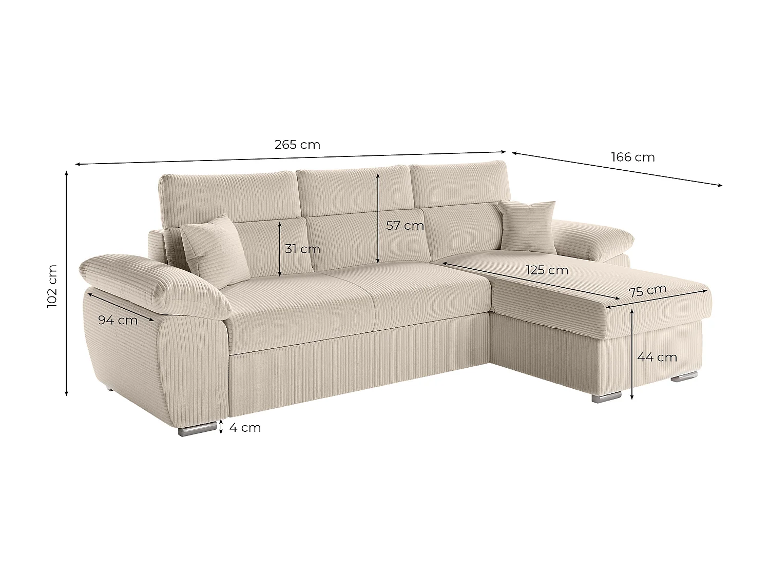 Canapé d'angle 4 places Komeco reversible convertible avec coffre en velours côtelé - Gris - L265 x P166 x H91cm - Loungitude