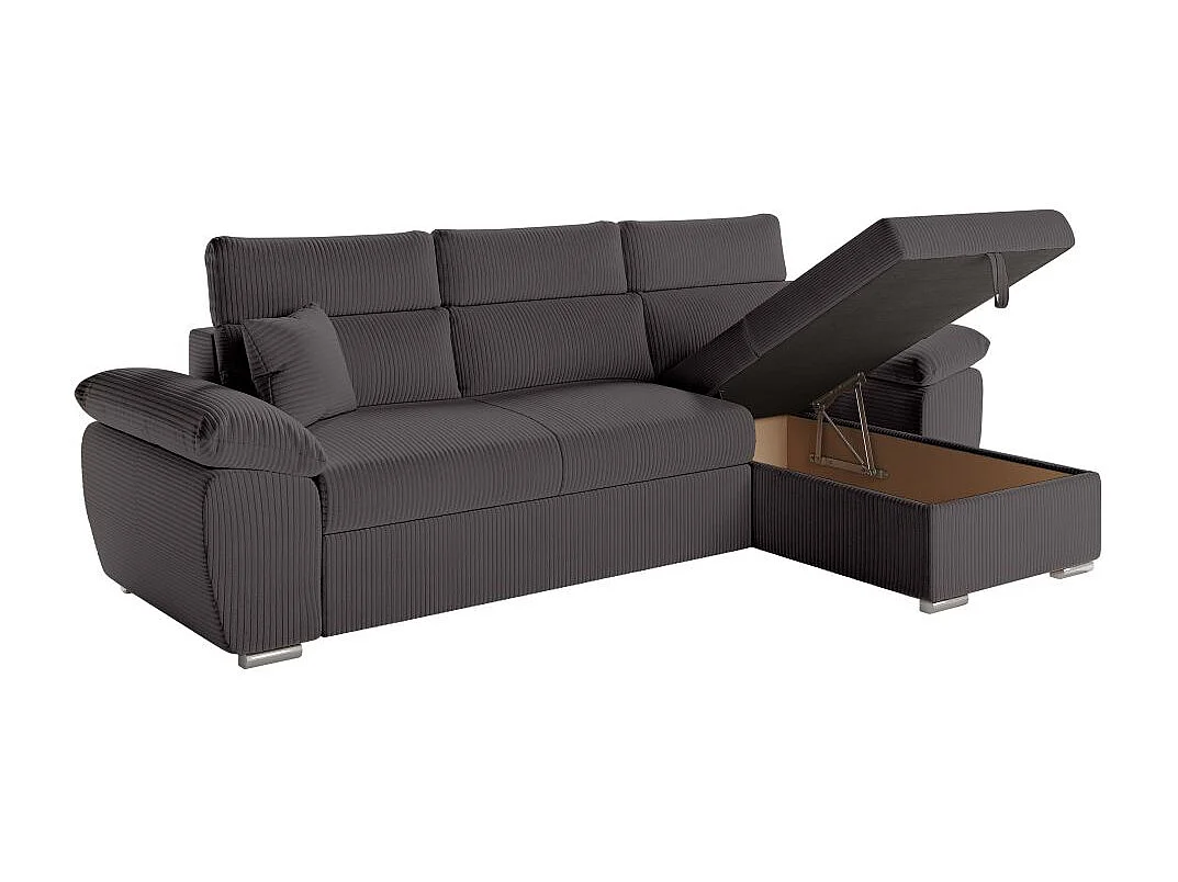 Canapé d'angle 4 places Komeco reversible convertible avec coffre en velours côtelé - Gris - L265 x P166 x H91cm - Loungitude