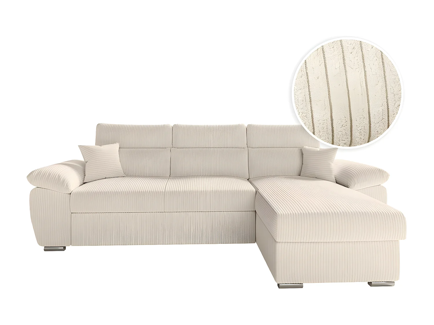 Canapé d'angle 4 places Komeco reversible convertible avec coffre en velours côtelé - Beige - L265 x P166 x H91cm - Loungitude