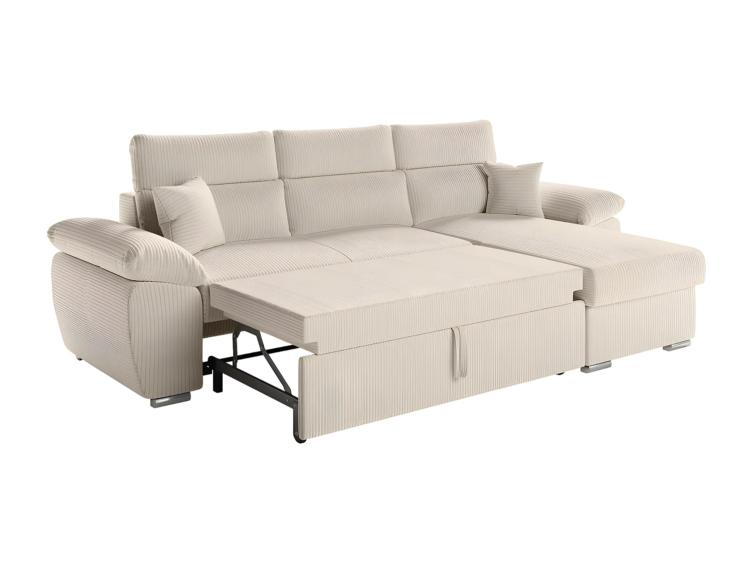 Canapé d'angle 4 places Komeco reversible convertible avec coffre en velours côtelé - Beige - L265 x P166 x H91cm - Loungitude