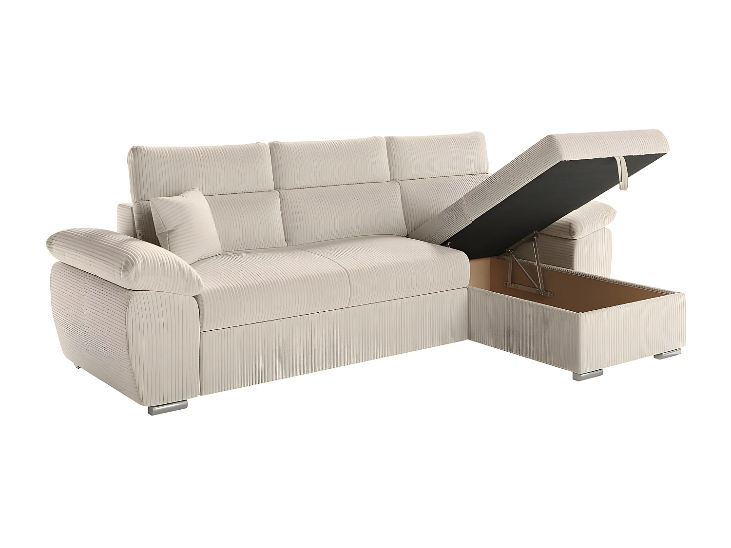 Canapé d'angle 4 places Komeco reversible convertible avec coffre en velours côtelé - Beige - L265 x P166 x H91cm - Loungitude