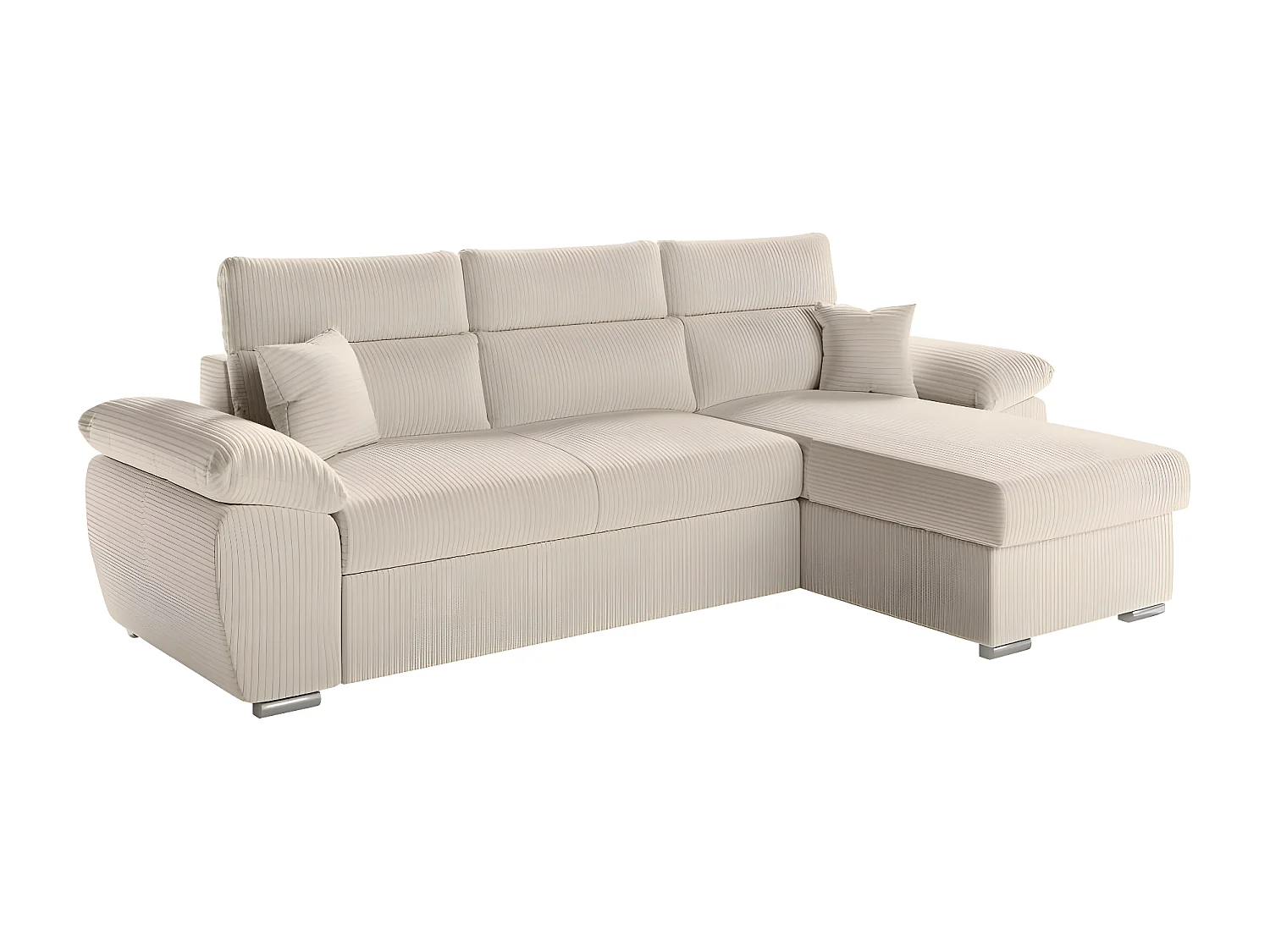 Canapé d'angle 4 places Komeco reversible convertible avec coffre en velours côtelé - Beige - L265 x P166 x H91cm - Loungitude