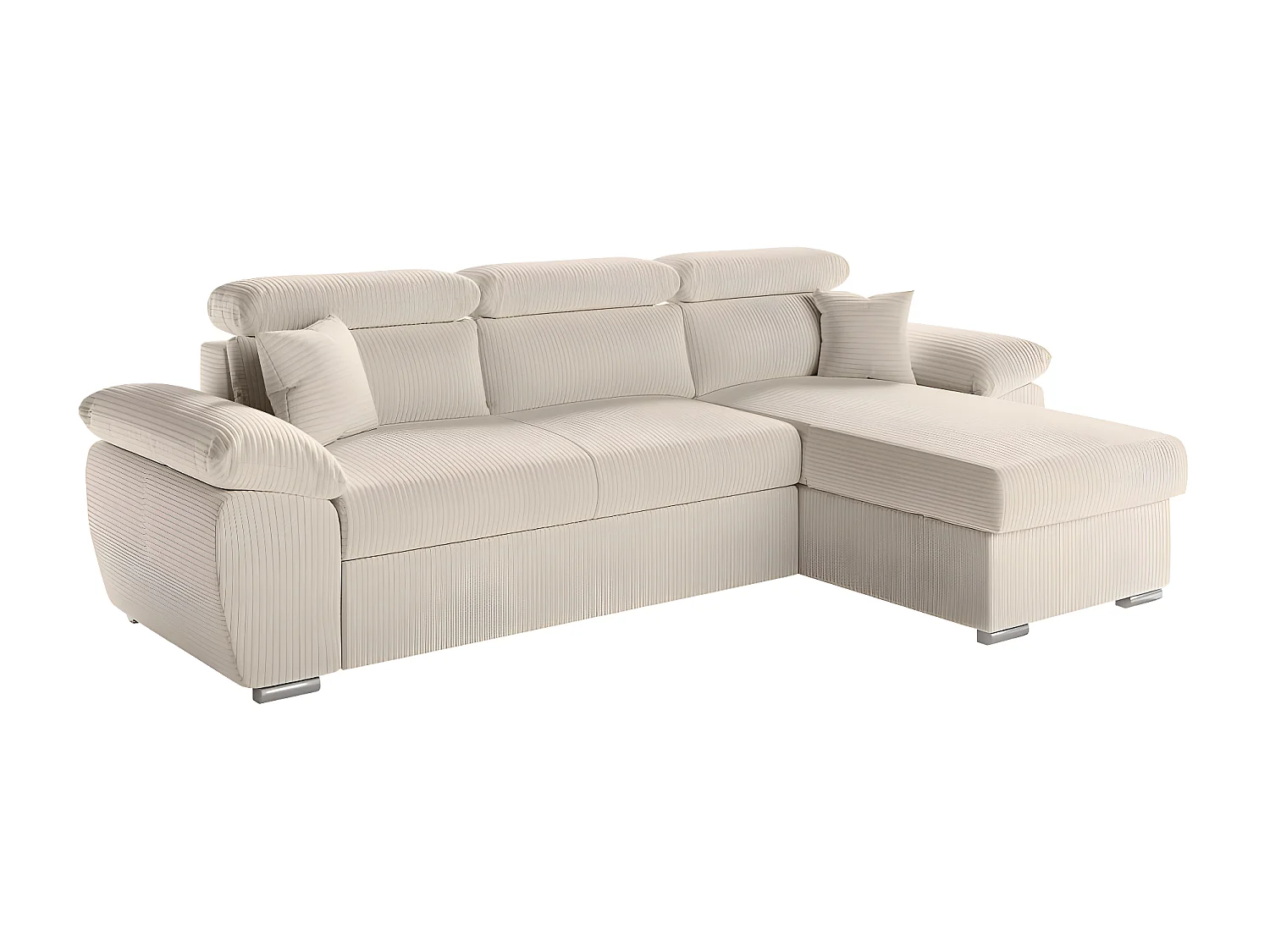 Canapé d'angle 4 places Komeco reversible convertible avec coffre en velours côtelé - Beige - L265 x P166 x H91cm - Loungitude