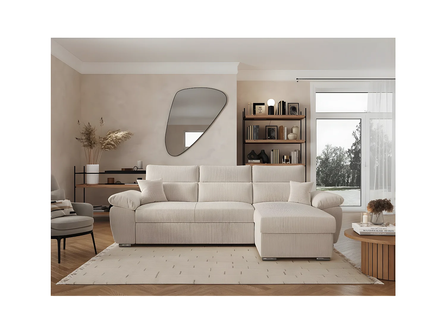 Canapé d'angle 4 places Komeco reversible convertible avec coffre en velours côtelé - Beige - L265 x P166 x H91cm - Loungitude