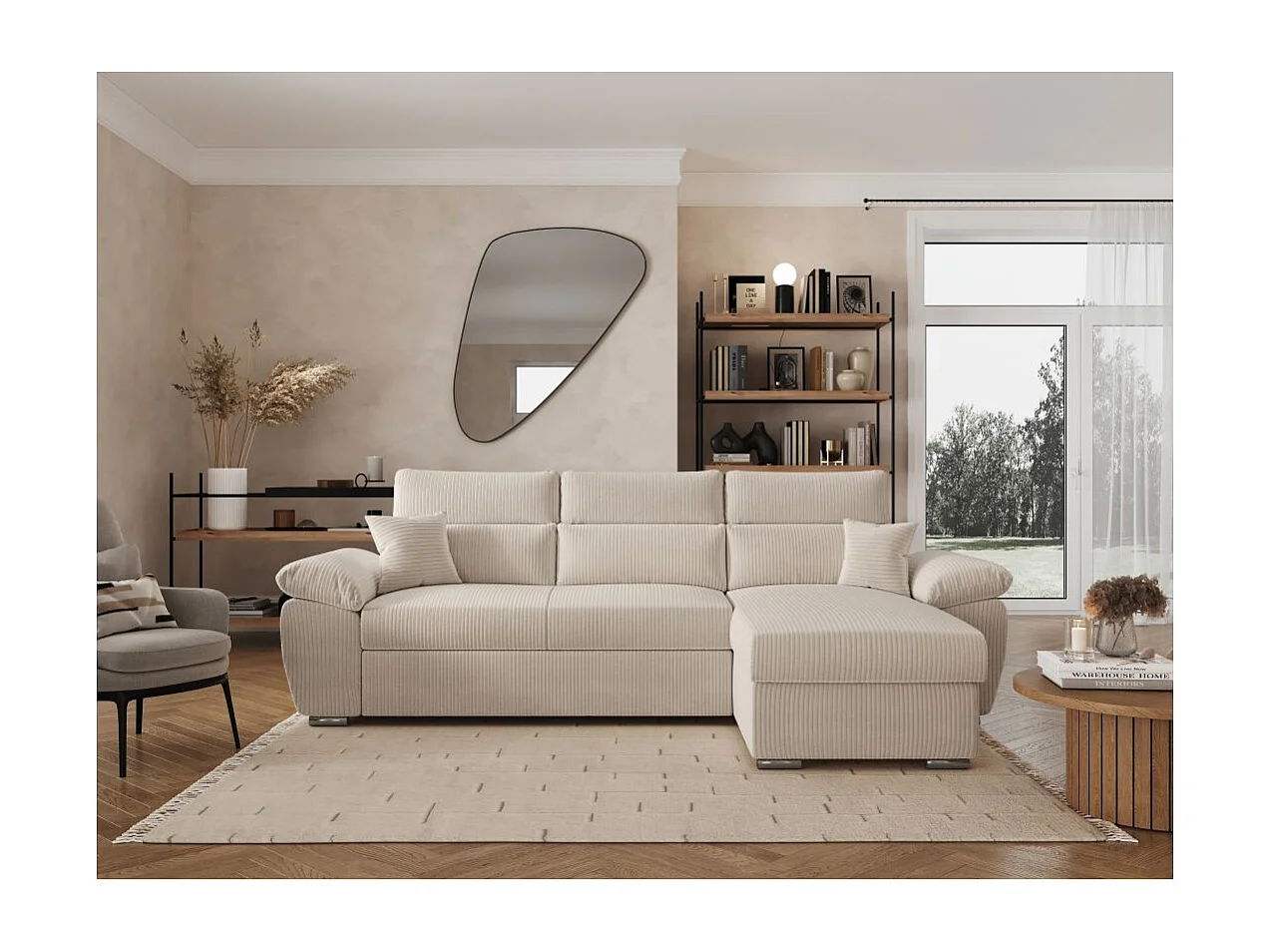 Canapé d'angle 4 places Komeco reversible convertible avec coffre en velours côtelé - Beige - L265 x P166 x H91cm - Loungitude