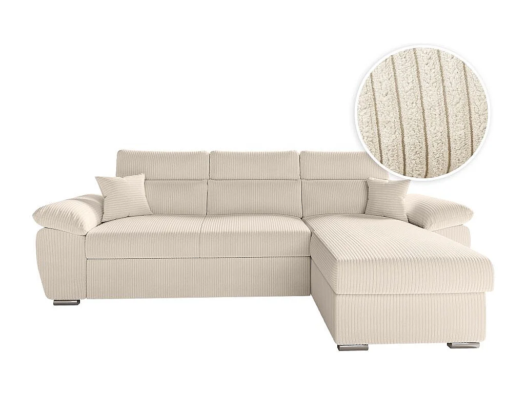 Canapé d'angle 4 places Komeco reversible convertible avec coffre en velours côtelé - Beige - L265 x P166 x H91cm - Loungitude