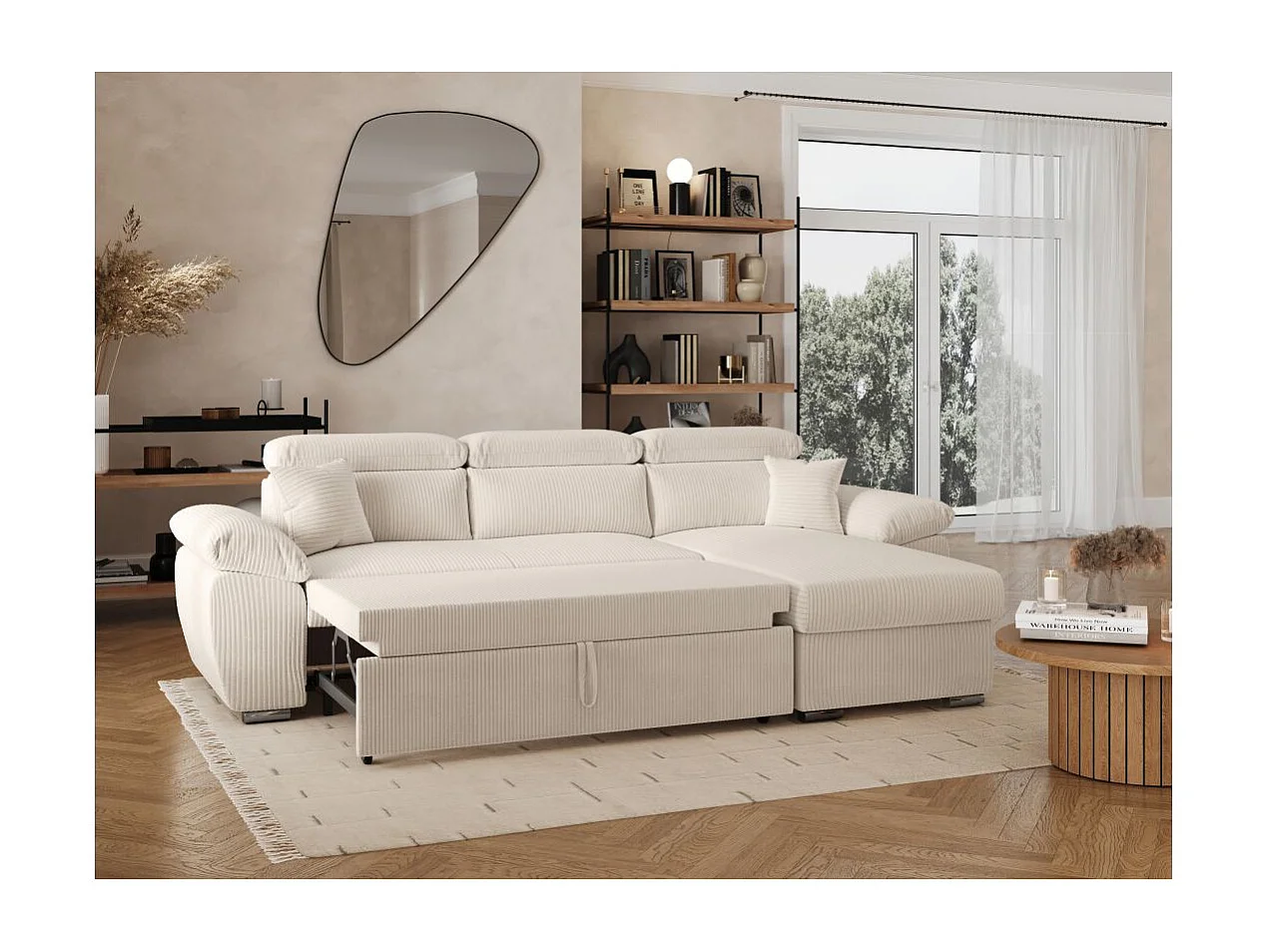 Canapé d'angle 4 places Komeco reversible convertible avec coffre en velours côtelé - Beige - L265 x P166 x H91cm - Loungitude