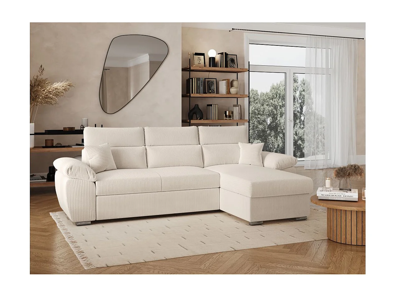 Canapé d'angle 4 places Komeco reversible convertible avec coffre en velours côtelé - Beige - L265 x P166 x H91cm - Loungitude