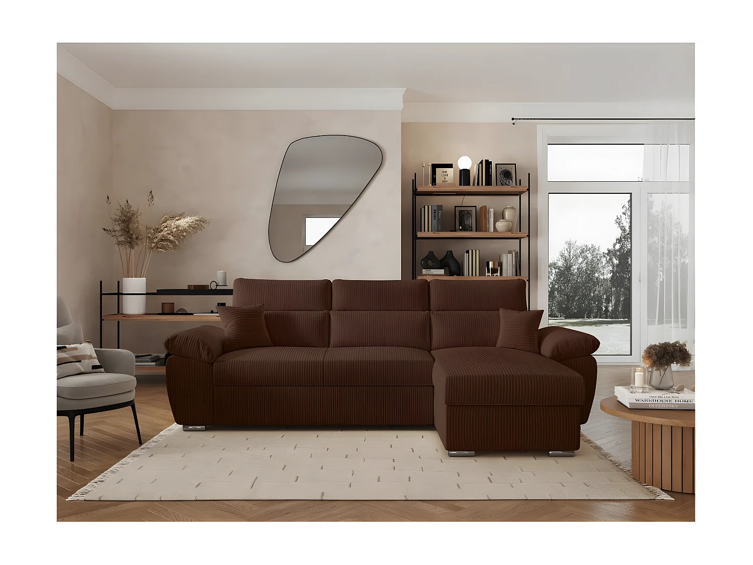 Canapé d'angle 4 places Komeco reversible convertible avec coffre en velours côtelé - Marron - L265 x P166 x H91cm - Loungitude