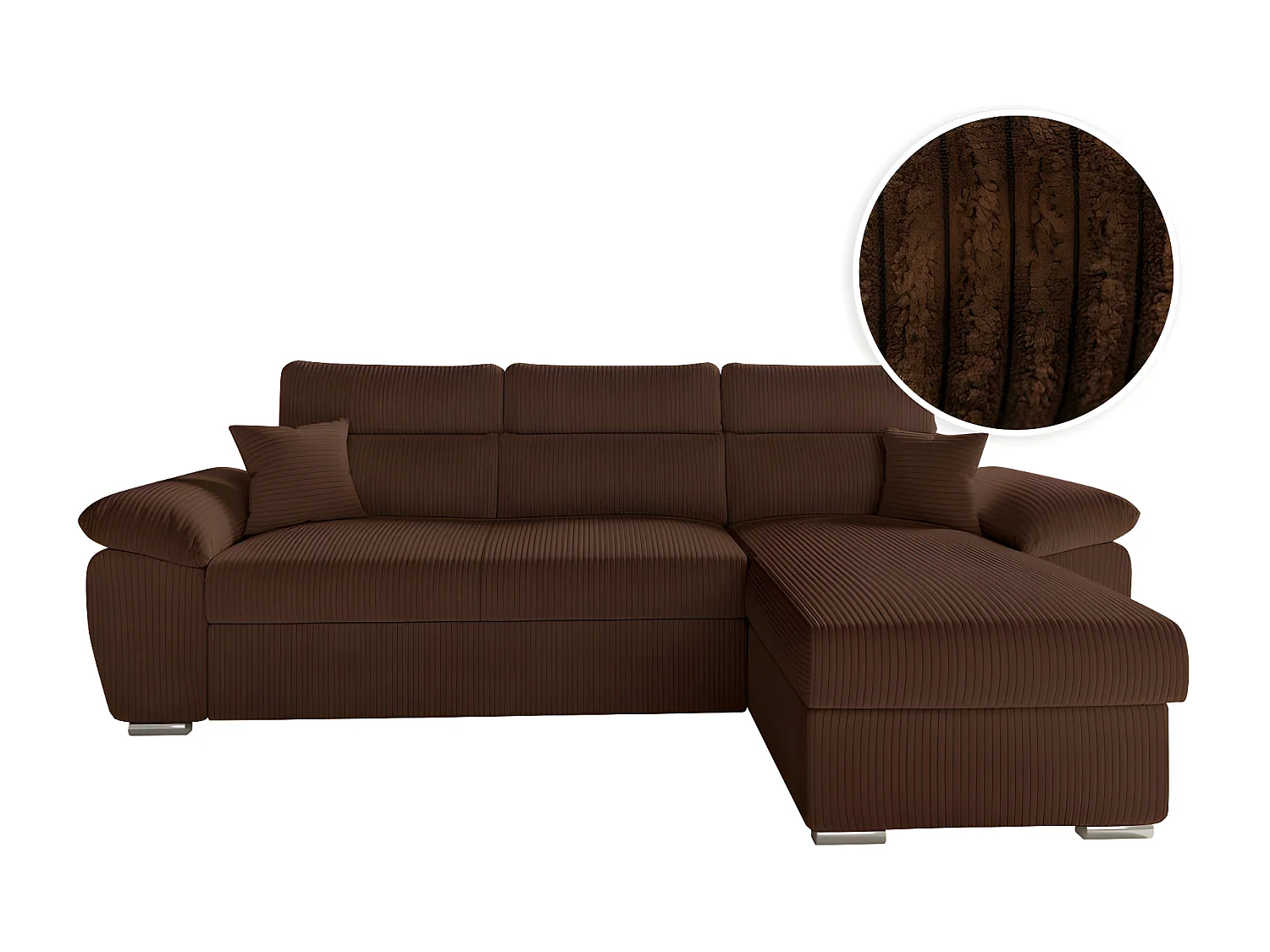 Canapé d'angle 4 places Komeco reversible convertible avec coffre en velours côtelé - Marron - L265 x P166 x H91cm - Loungitude